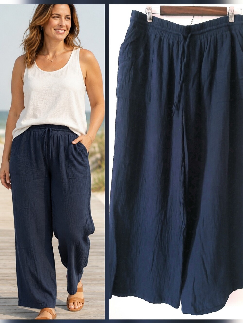 Style & Co Navy Blue Pull-On Pants Wide Leg 100% Gauze Cotton Women's Size L